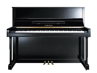 Black upright piano with a keyboard and three pedals