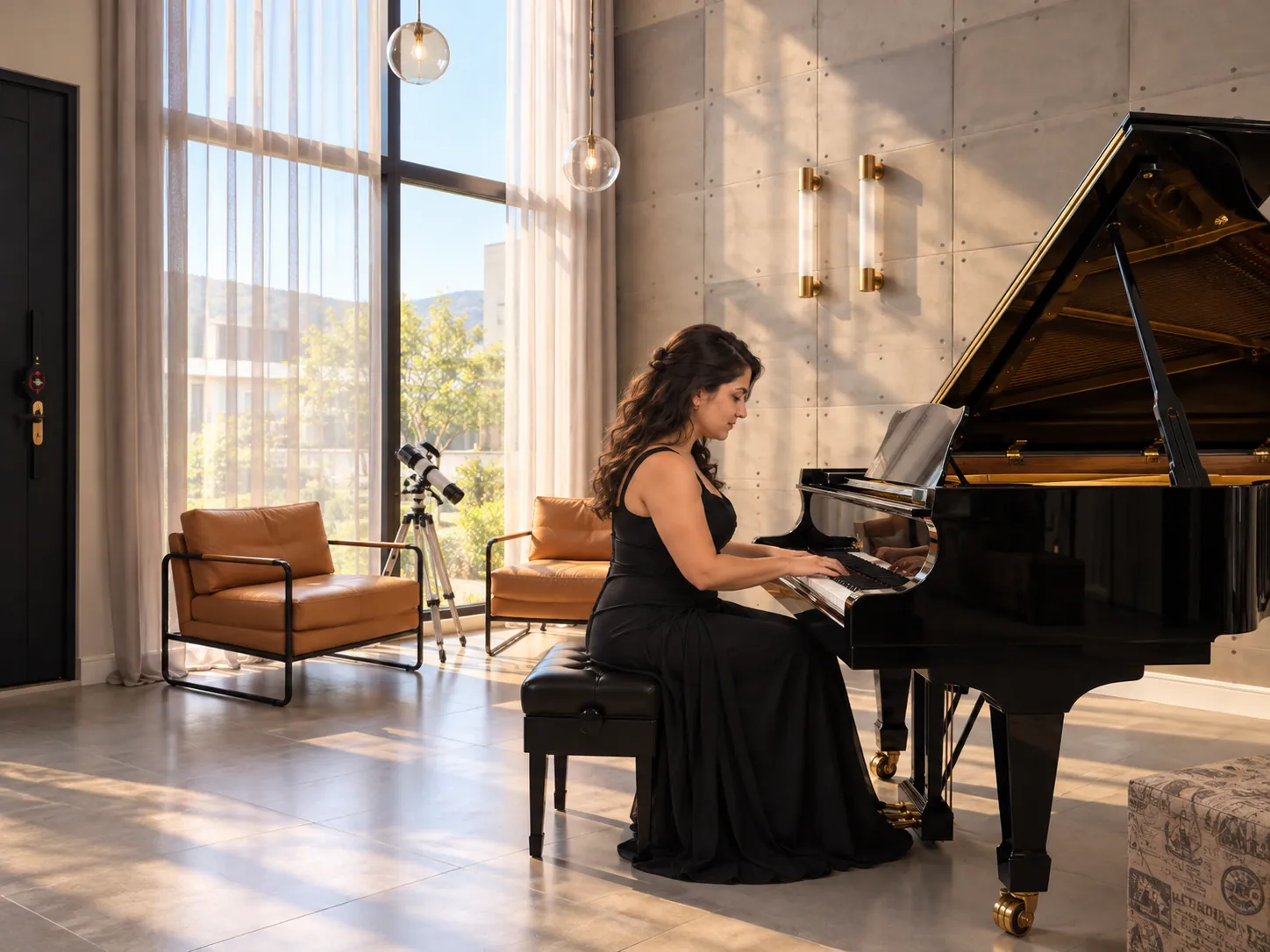 Sylvia de Morais playing the grand piano in her studio, seen from the side