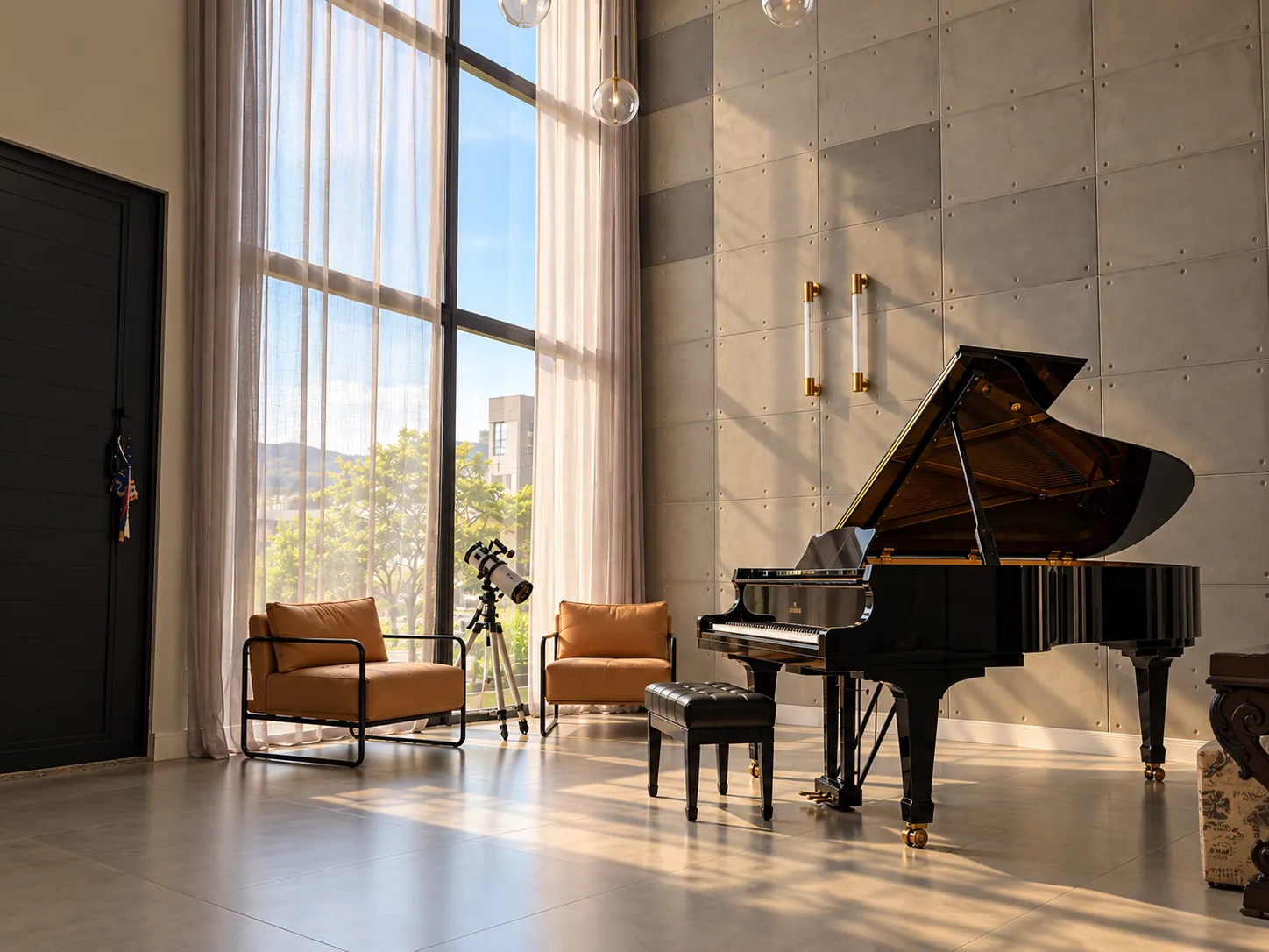 O estúdio em Nova Lima, com o piano de cauda, as poltronas caramelo e o janelão