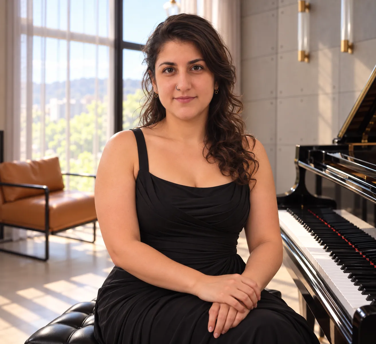 Sylvia de Morais seated beside the grand piano in her studio