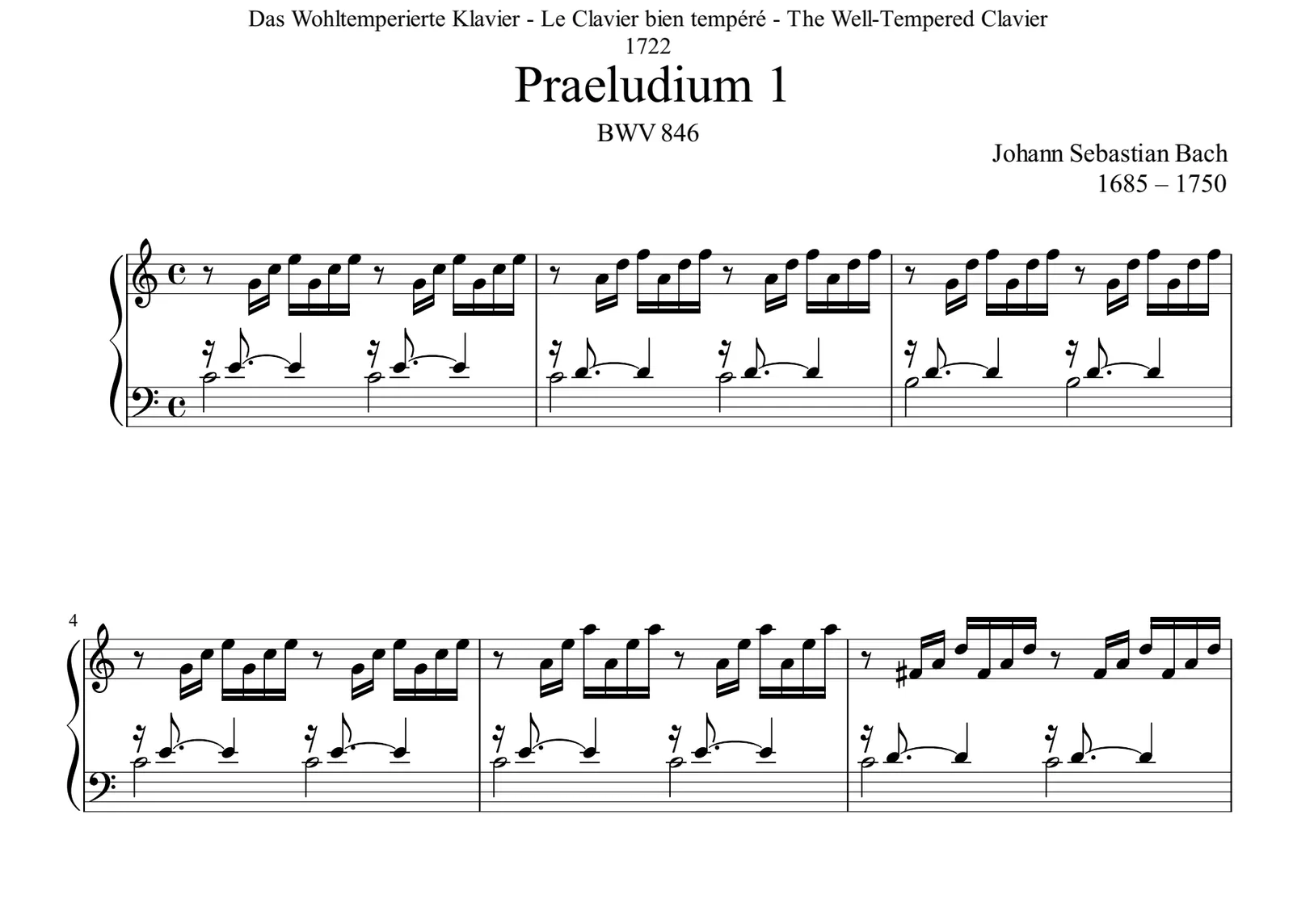 First page of the score of Bach's Prelude in C major, BWV 846